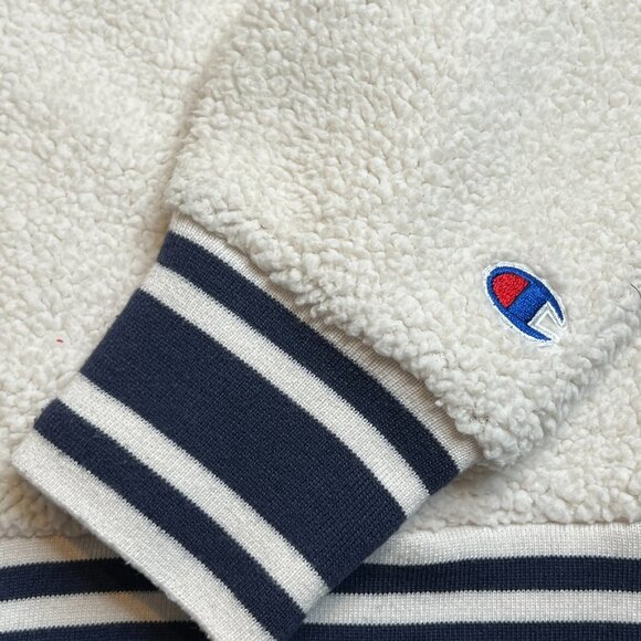 Champion Womens Sherpa Fleece Varsity Bomber Zip Jacket Cream Navy Stripe XS - Picture 6 of 11